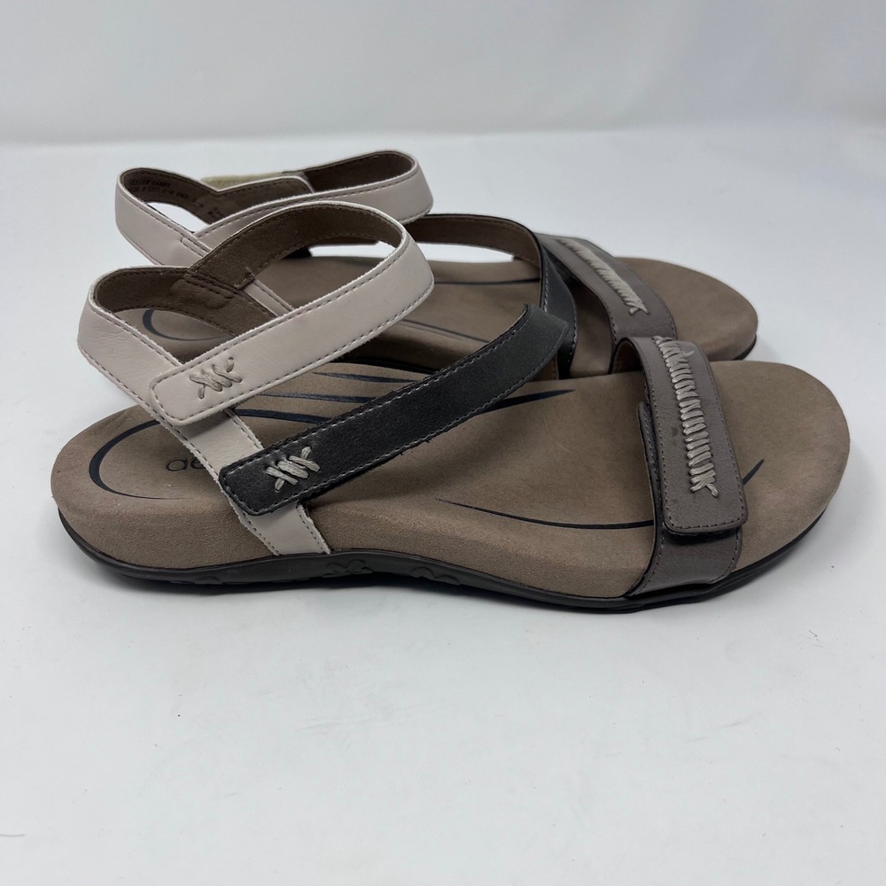 Aetrex Gabby Sandals Strappy Leather Womens 7.5-8 Grey Tan Orthotic Comfort - Picture 2 of 6